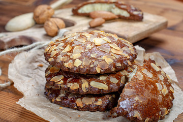 Sweet dessert for autumn season, Dutch filled cookies with marzipan and almonds