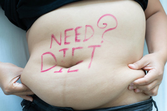 Fat woman belly body painting, diet message
