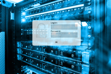 Server room, login and password request, data access and security.