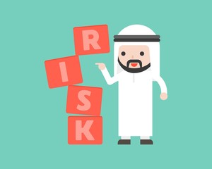 Finger push the risk block with Arab businessman stand, risk management concept