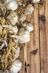 white dry garlic on wooden table 