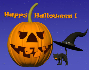 Happy Halloween seasonal greeting card 3D illustration. Orange pumpkin, black cat, witch hat, night starry sky background. Collection.