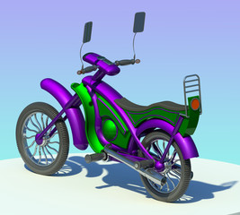 New model motor bike 3D illustration 1. Metalic green and purple paint. Collection.