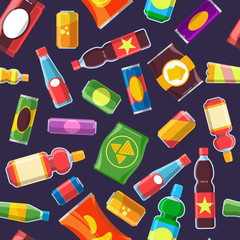 Snacks fast food pattern. Water candy cold soda bottle cracker candy dessert fast ffod chip bar biscuit drink plastic machine pattern blue front isolated