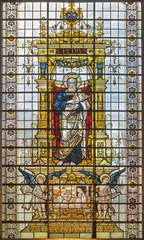 LONDON, GREAT BRITAIN - SEPTEMBER 17, 2017: The St. Peter the apostle on the stiained glass in church St. Martin, Ludgate.