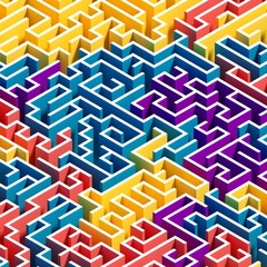 3d render, abstract geometric background, colorful labyrinth, maze, logical solution concept, digital illustration