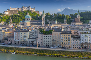 Fototapeta na wymiar View from the Kapuzinerberg on the old town with Hohensalzburg Castle, Salzburg Cathedral and Collegiate Church, Salzburg Austria.
