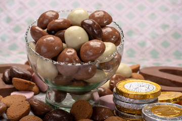 St.Nicholas day in December, children holiday in Netherlands, Belgium, Germany and Curacao, chocolate spicy ginger cookies, letters and coins copy space