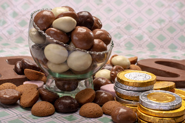 St.Nicholas day in December, children holiday in Netherlands, Belgium, Germany and Curacao, chocolate spicy ginger cookies, letters and coins copy space