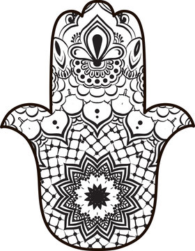 recommend clip art: drawing of a line art Hand of Fatima Hamsa with round ethnic black and white pattern on a white background. Hand drawn tribal vector stock illustration, can be used as a coloring page