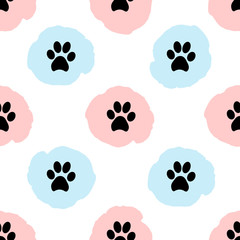 Fototapeta na wymiar Seamless patterns with black animal footprints, pink and blue spots.
