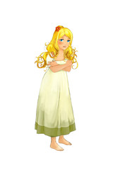 cartoon fairy tale female character - tiny elf girl standing and looking being cold - illustration for children
