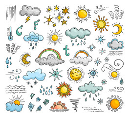 Icons of weather in the doodle style. Set of vector elements.