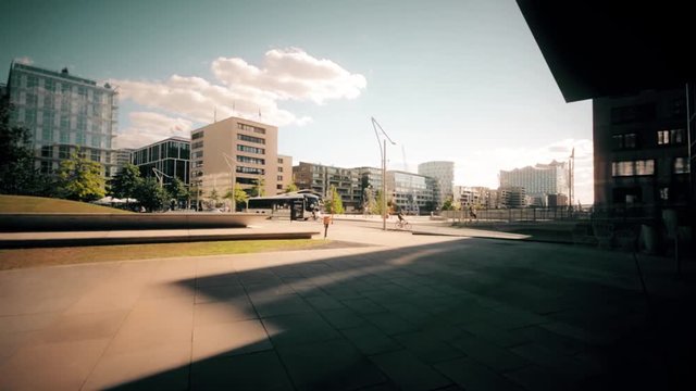 The famous new concert hall in Hamburg called Elbphilharmonie. 
Walk along a street in the central area of 
Hamburg. Steadicam footage.