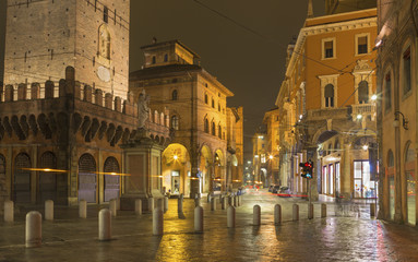 Bologna - The square Piazza della Mercanzia at night.