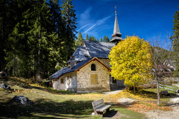 Braies Lake, The small church. Dolomites, Trentino Alto Adige, Italy