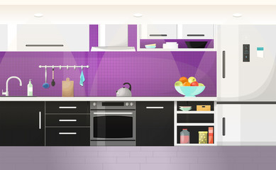Modern kitchen interior. Violet-white color, light tone.