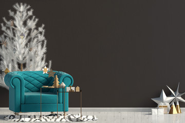 Modern Christmas interior with chair, Scandinavian style. Wall mock up. 3D illustration