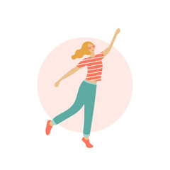 Vector illustration. Woman character standing in sun glasses in a modern flat style. Walking girl