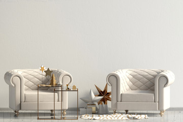 Modern Christmas interior with chairs, Scandinavian style. Wall mock up. 3D illustration