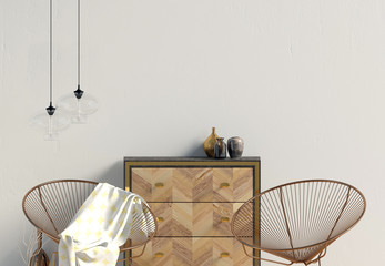 Modern interior with dresser. Wall mock up. 3d illustration.