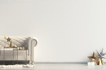 Modern Christmas interior with sofa, Scandinavian style. Wall mock up. 3D illustration