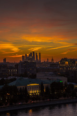 Fire sunset over Moscow.  View for Moscow International Business Center, Moscow-city.