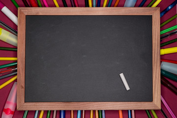 Back to school banner. Chalkboard with pencils on background, blank copy space