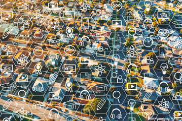 E-Learning concept with aerial view of a residential area of LA