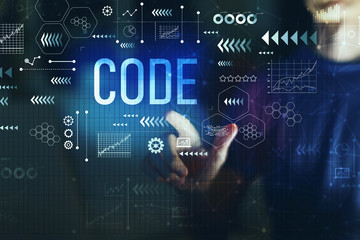Code with young man on a dark background