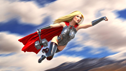 Nordic heroine woman flying with hammer, Norse mythology superhero girl, ancient warrior princess with medieval weapon, 3D rendering © freestyle_images
