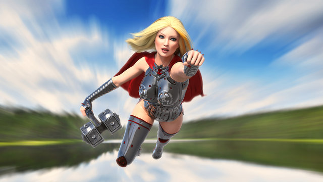 Nordic heroine woman with hammer, Norse mythology superhero girl, ancient warrior princess flying, front view, 3D rendering