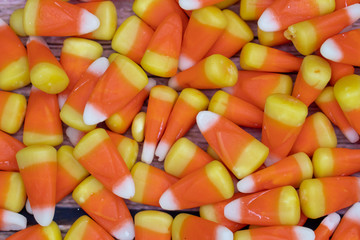 Close up macro view of colorful Halloween candy corn