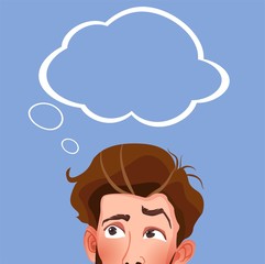 Educated student thinking with think bubble above head. Education vector concept. Illustration of man with idea bubble, businessman thinking