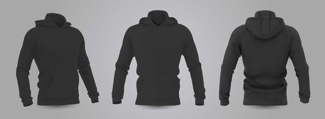 Black men's hooded sweatshirt mockup in front, back and side view, isolated on a gray background. 3D realistic vector illustration, pattern formal or casual sweatshirt. - obrazy, fototapety, plakaty