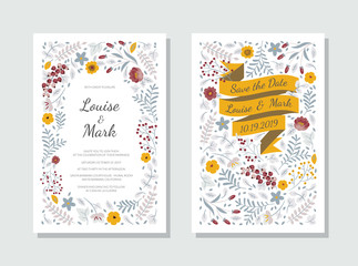 Wedding Invitation, botanical style template. Save the date card design with ribbon, leaves, branches, flowers, frame pattern on white background. Vector decorative greeting card