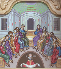 REGGIO EMILIA, ITALY - APRIL 12, 2018: The icon of Pentecost scene on the iconostas in church...
