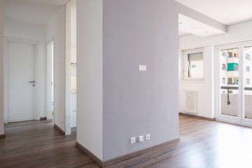 Empty room with central wall, corridor and closed doors