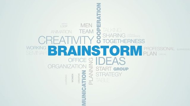 brainstorm ideas creativity cooperation business teamwork notes people analysis communication design animated word cloud background in uhd 4k 3840 2160.