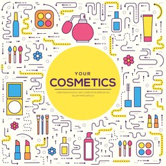 Thin line makeup tools modern illustration concept. Infographic cosmetic equipment for beauty. Icons on isolated white background. Flat template design for web and mobile application