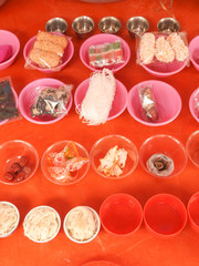 During Neimen's Guan Yin Buddha Birthday Festival hosted by Neimen Zizhu Temple at Kaohsiung,Taiwan .The believers offer offerings for worship the god.Traditional religion and culture.