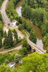 Road, railway and river intersect in the Aveyron, near Najac, France