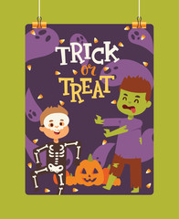 Halloween kids costume trick or treat party costumes vector characters. Little child people Halloween bat, candy, ghost, zombie kids costume fun cartoon boys and girls carnival party website banner