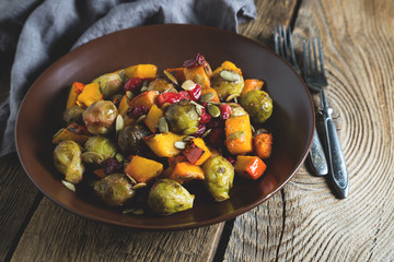 Warm Salad with Baked Pumpkin, Brussels Sprouts and Cranberries