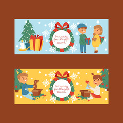 Christmas 2019 Happy New Year greeting card vector boy and girl friends background banner holidays winter xmas hand draw congratulation New Year poster or web banner illustration