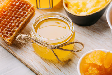 Different varieties of sweet golden fresh honey