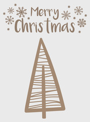 Vector illustration for New Year. Hand-drawn cartoon image of a beige-colored christmas tree and snowflakes with the inscription