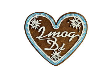 wooden Gingerbread heart shape valentines day gift on white isolated background