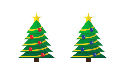 Decorated Christmas trees with star and balls set