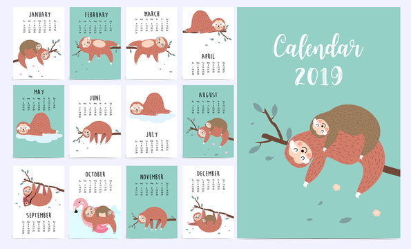 Cute monthly calendar 2019 with sloth